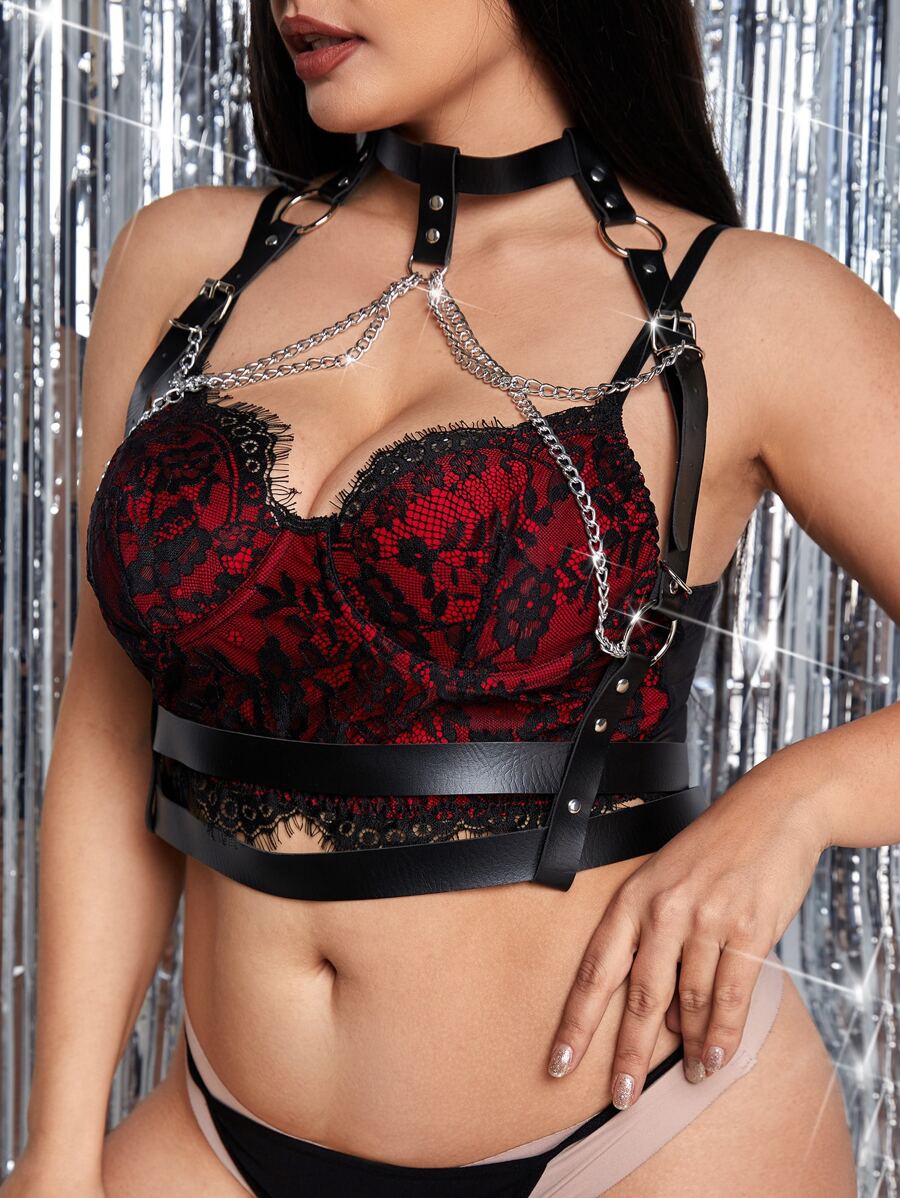 Plus PU Chain Decor Harness Bra Without Lingerie - Black - View 1