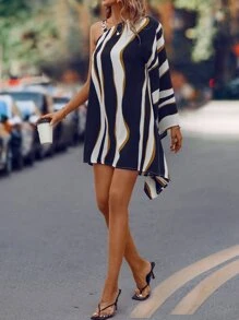 SHEIN LUNE 撞色不對稱領蝙蝠袖洋裝