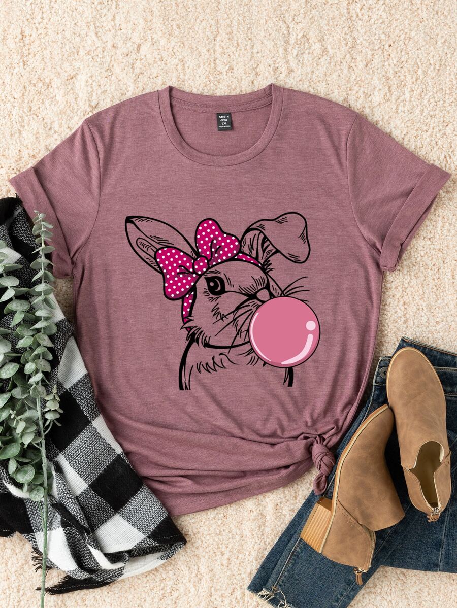 SHEIN LUNE T-shirty plus size Kreskówki Casual - Czerwony fiolet - Zobacz 1