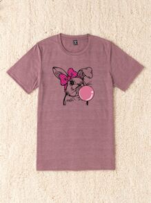 SHEIN LUNE T-shirty plus size Kreskówki Casual - Czerwony fiolet - Zobacz 3