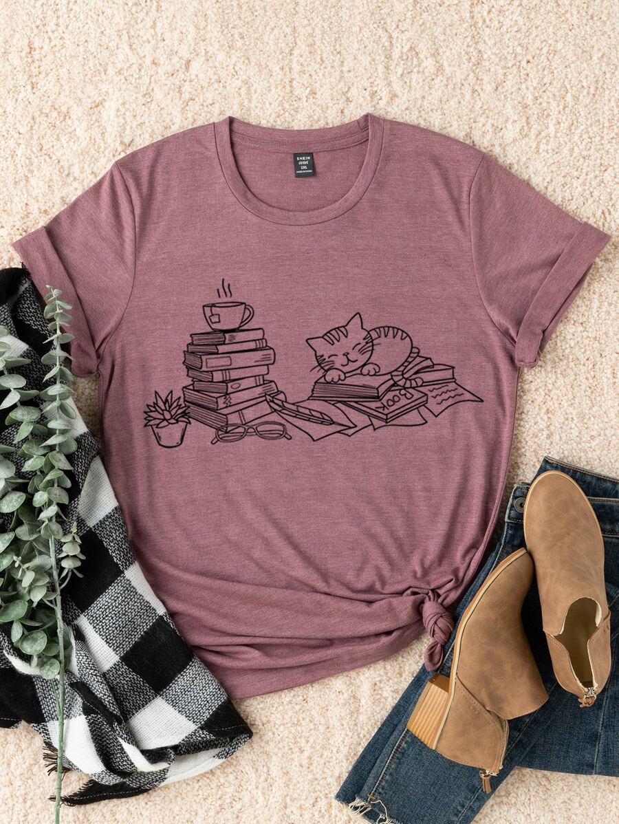 SHEIN LUNE Plus Books & Cat Print Graphic Tee, Women Top, Summer - Mauve Purple - View 1