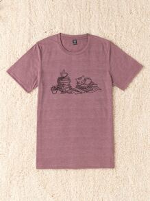 SHEIN LUNE Plus Books & Cat Print Graphic Tee, Women Top, Summer - Mauve Purple - View 3
