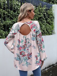 SHEIN LUNE Floral Print Guipure Lace Insert Lantern Sleeve Blouse - Apricot - View 2