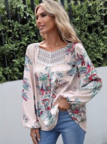 SHEIN LUNE Floral Print Guipure Lace Insert Lantern Sleeve Blouse - Apricot - View 3