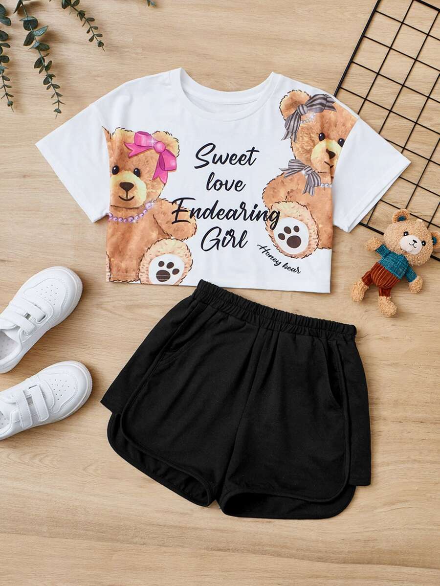 SHEIN Bộ hai mảnh Gái Túi Hoạt hình Slogan Giải trí - Nhiều màu - Xem 1