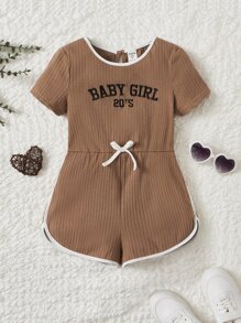 SHEIN Girls Letter Graphic Contrast Binding Bow Front Romper - Mocha Brown - View 1