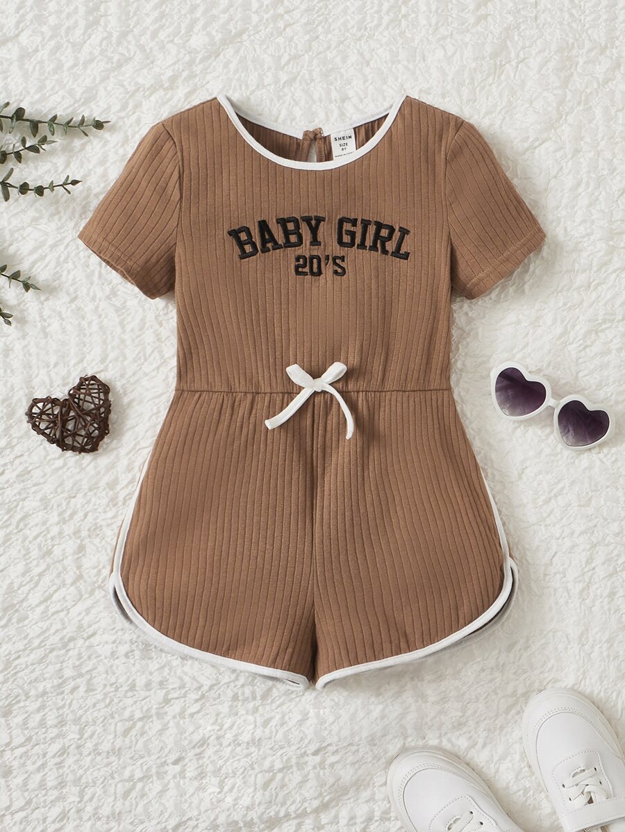 SHEIN Girls Letter Graphic Contrast Binding Bow Front Romper - Mocha Brown - View 1
