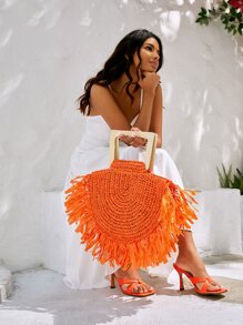 SHEIN VCAY 熒光橙流蘇裝飾草編包,完美適合夏天海灘旅行度假