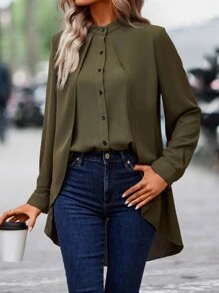 SHEIN LUNE 素色前紐扣襯衫 - 軍綠色 - 查看 3