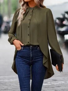 SHEIN LUNE 素色前紐扣襯衫 - 軍綠色 - 查看 5