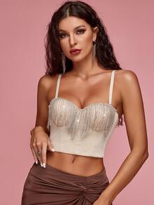 Apperloth A 水鑽鏈條流蘇邊緊身吊帶 - 杏色 - 查看 3