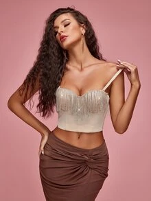 Apperloth A 水鑽鏈條流蘇邊緊身吊帶 - 杏色 - 查看 4