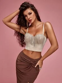 Apperloth A 水鑽鏈條流蘇邊緊身吊帶 - 杏色 - 查看 5