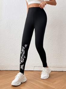 SHEIN Unity Butterfly & Letter Graphic Leggings - Black - View 3