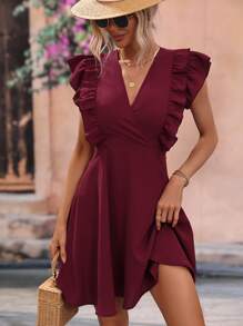 SHEIN VCAY Ruffle Trim Surplice Neck Dress - Burgundy - View 1