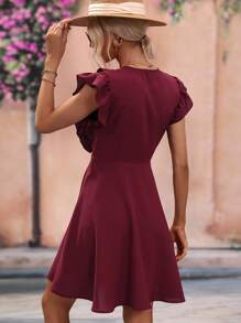 SHEIN VCAY Ruffle Trim Surplice Neck Dress - Burgundy - View 2