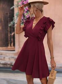 SHEIN VCAY Ruffle Trim Surplice Neck Dress - Burgundy - View 5