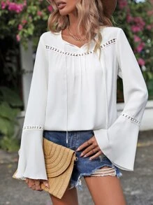 SHEIN VCAY Solid Tie Front Flounce Sleeve Blouse - White - View 1
