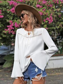 SHEIN VCAY Solid Tie Front Flounce Sleeve Blouse - White - View 3