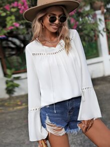 SHEIN VCAY Solid Tie Front Flounce Sleeve Blouse - White - View 4