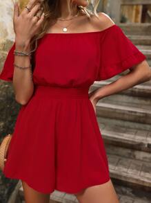 Breezaya Áo liền quần nữ Xù Dải chun màu trơn Giải trí - Đỏ - Xem 4