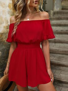 Breezaya Áo liền quần nữ Xù Dải chun màu trơn Giải trí - Đỏ - Xem 6