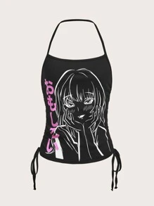 ROMWE Áo khoác và áo lót dành cho xe tăng nữ Lộ Lưng Dây kéo Xù Con số Lá thư Giải trí - màu đen - Xem 1