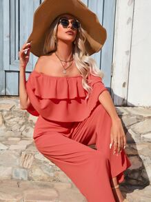 Breezaya Off Shoulder Ruffle Trim Wide Leg Jumpsuit - Coral Orange - View 1