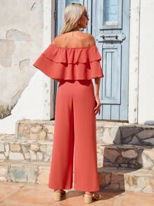 Breezaya Off Shoulder Ruffle Trim Wide Leg Jumpsuit - Coral Orange - View 2