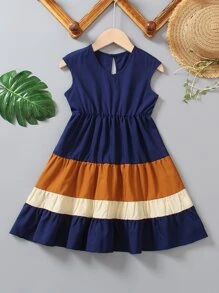 SHEIN Toddler Girls Colourblock Keyhole Back Ruffle Hem Dress - Multicolor - View 1