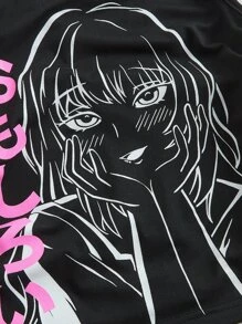 ROMWE Áo khoác và áo lót dành cho xe tăng nữ Lộ Lưng Dây kéo Xù Con số Lá thư Giải trí - màu đen - Xem 4