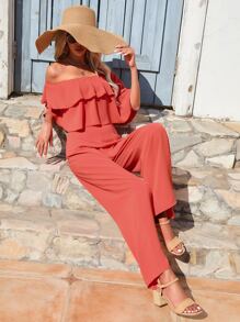 Breezaya Off Shoulder Ruffle Trim Wide Leg Jumpsuit - Coral Orange - View 4