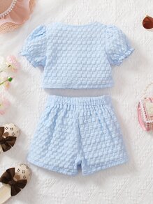 SHEIN Toddler Girls Puff Sleeve Button Front Blouse & Shorts - Blue - View 2