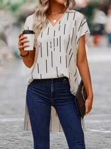 SHEIN LUNE Striped Print Batwing Sleeve High Low Hem Blouse - Apricot - View 1