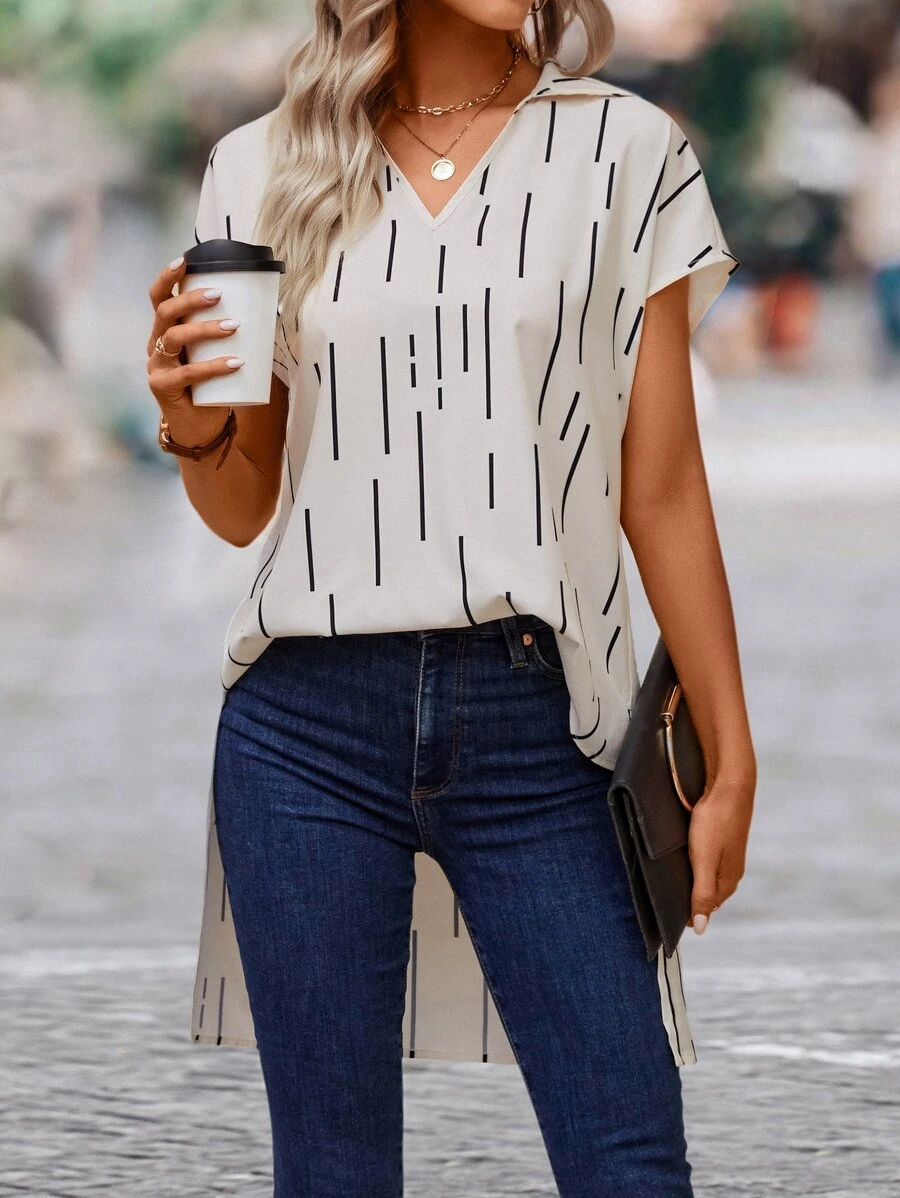 SHEIN LUNE Striped Print Batwing Sleeve High Low Hem Blouse - Apricot - View 1