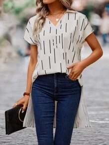 SHEIN LUNE Striped Print Batwing Sleeve High Low Hem Blouse - Apricot - View 4