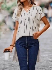 SHEIN LUNE Striped Print Batwing Sleeve High Low Hem Blouse - Apricot - View 5