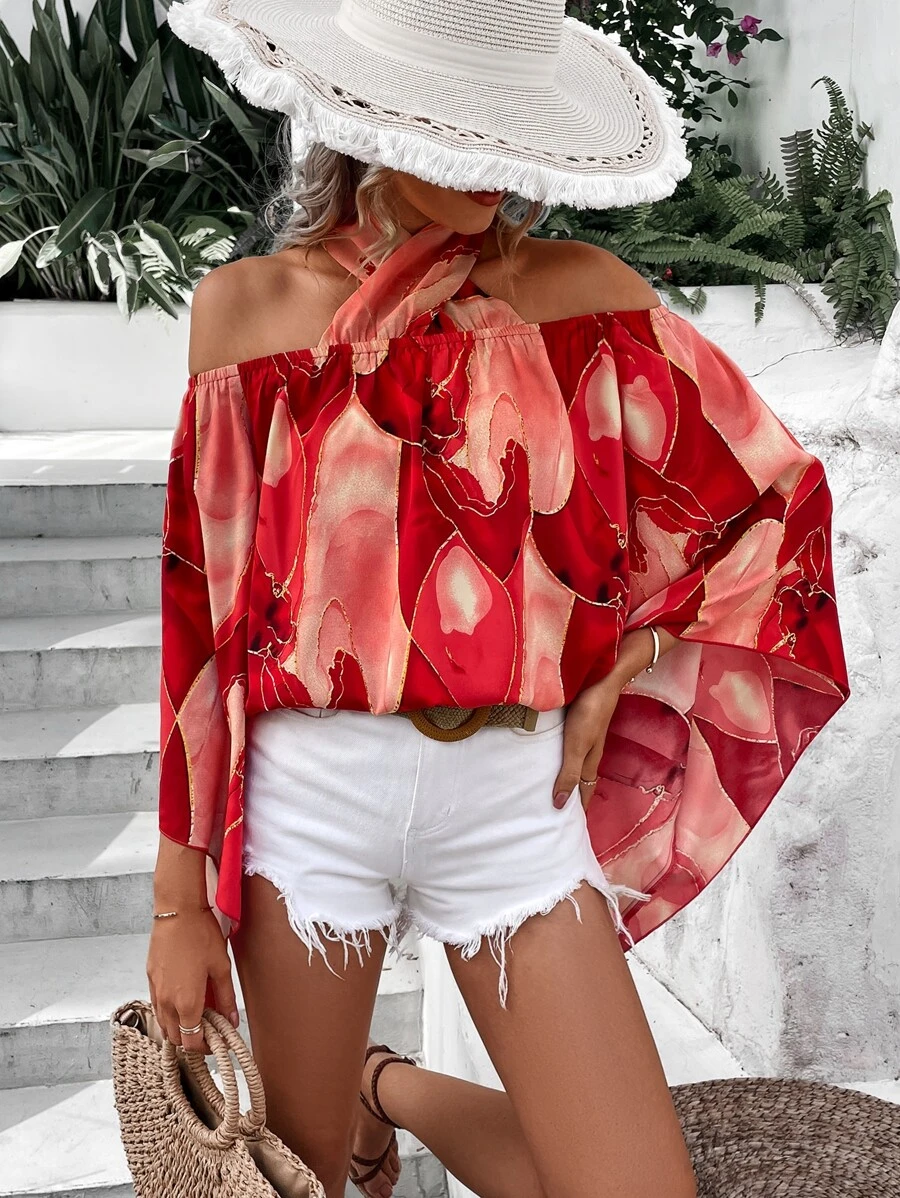 SHEIN VCAY Allover Print Criss Cross Cold Shoulder Blouse - Red - View 1
