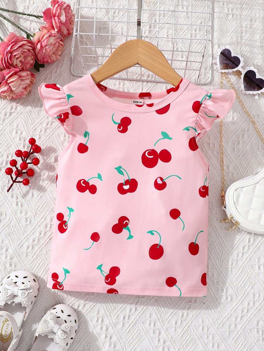 SHEIN 小女童櫻桃圖案荷葉邊T恤 - 粉色 - 查看 1