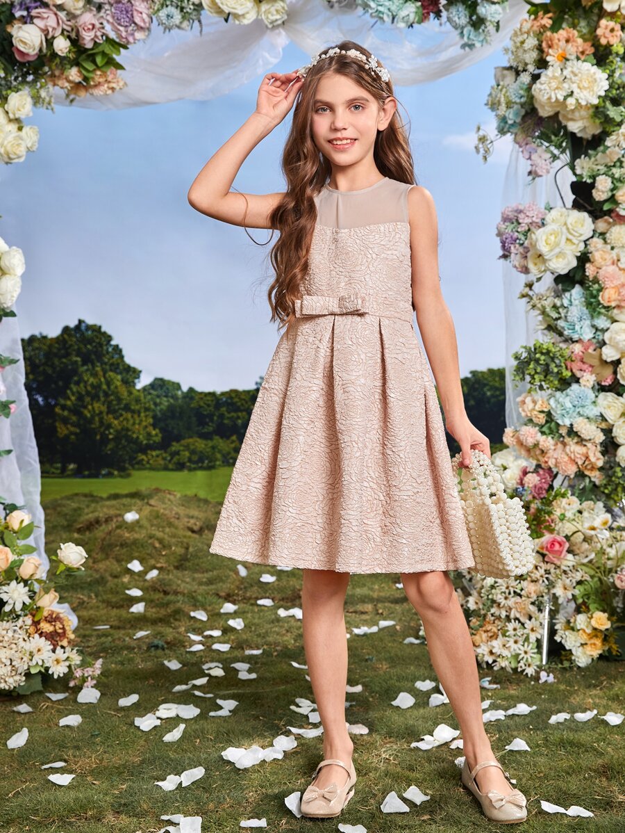 SHEIN Đầm Gái Tương phản Mesh Xếp li Dây kéo Nơ Bướm màu trơn Buổi tiệc - Bụi hồng - Xem 1