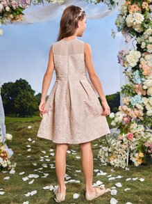 SHEIN Đầm Gái Tương phản Mesh Xếp li Dây kéo Nơ Bướm màu trơn Buổi tiệc - Bụi hồng - Xem 2