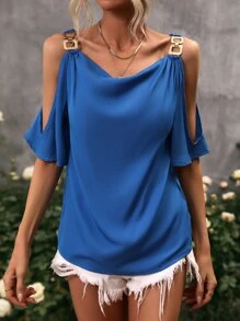 SHEIN LUNE Cold Shoulder Chain Detail Blouse - Blue - View 1