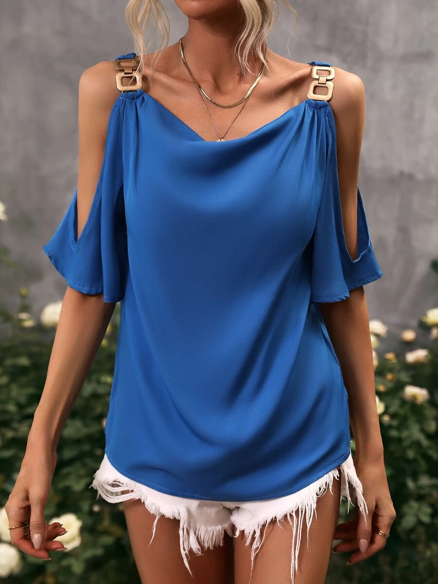 SHEIN LUNE Cold Shoulder Chain Detail Blouse - Blue - View 1