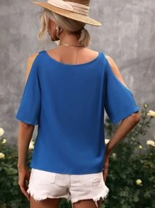 SHEIN LUNE Cold Shoulder Chain Detail Blouse - Blue - View 2