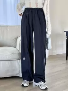 DAZY 字母圖形對比拼接直筒褲 - 藏蓝色 - 查看 1