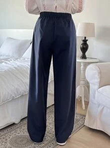 DAZY 字母圖形對比拼接直筒褲 - 藏蓝色 - 查看 2