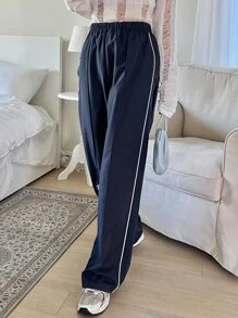 DAZY 字母圖形對比拼接直筒褲 - 藏蓝色 - 查看 3