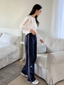 DAZY 字母圖形對比拼接直筒褲 - 藏蓝色 - 查看 4