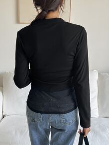 DAZY Twist Front Contrast Mesh Tee Long Sleeve - Black - View 2