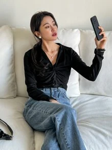 DAZY Twist Front Contrast Mesh Tee Long Sleeve - Black - View 3